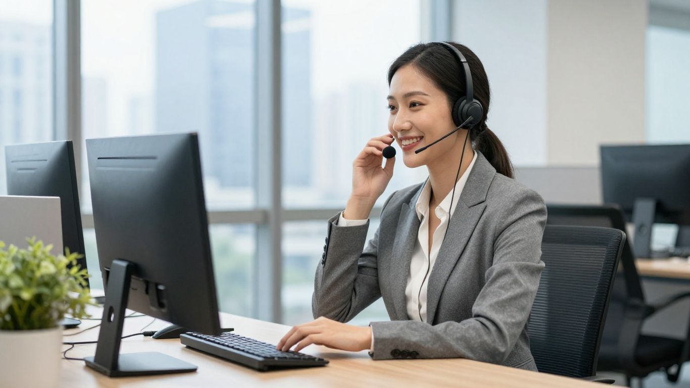 Professional woman using a headset in a modern office.