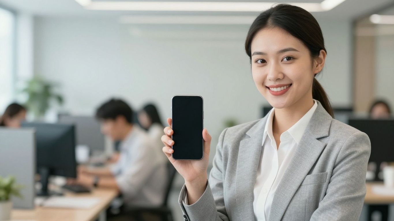 Businesswoman using a smartphone in a modern office.