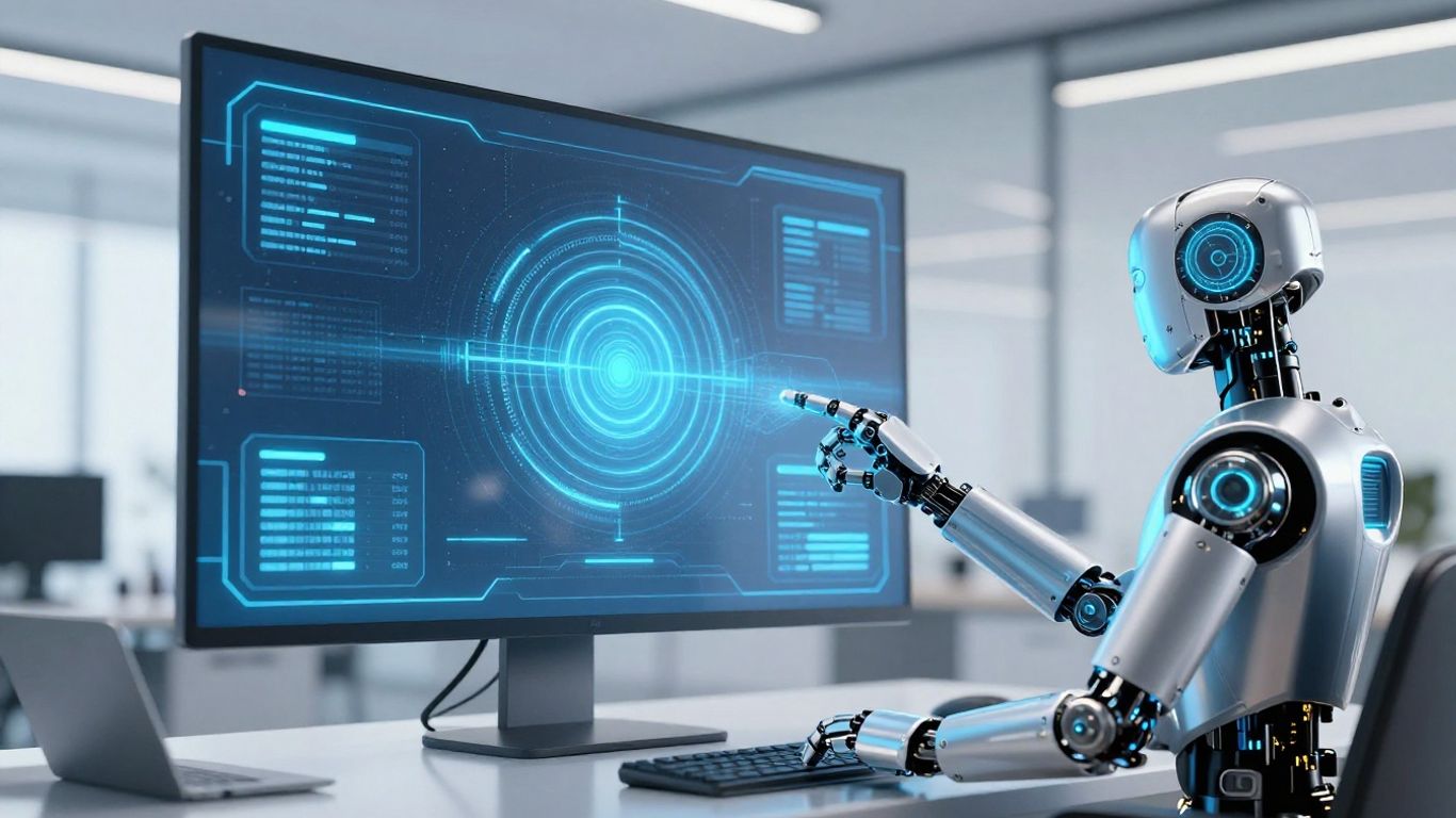 AI voice agent interface with robotic arm in futuristic office.