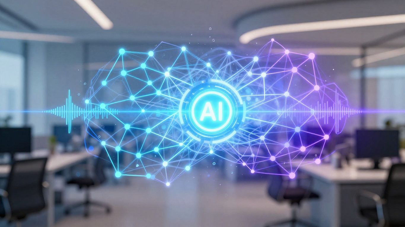 AI voice agents for telephony, neural networks, soundwaves, business innovation.