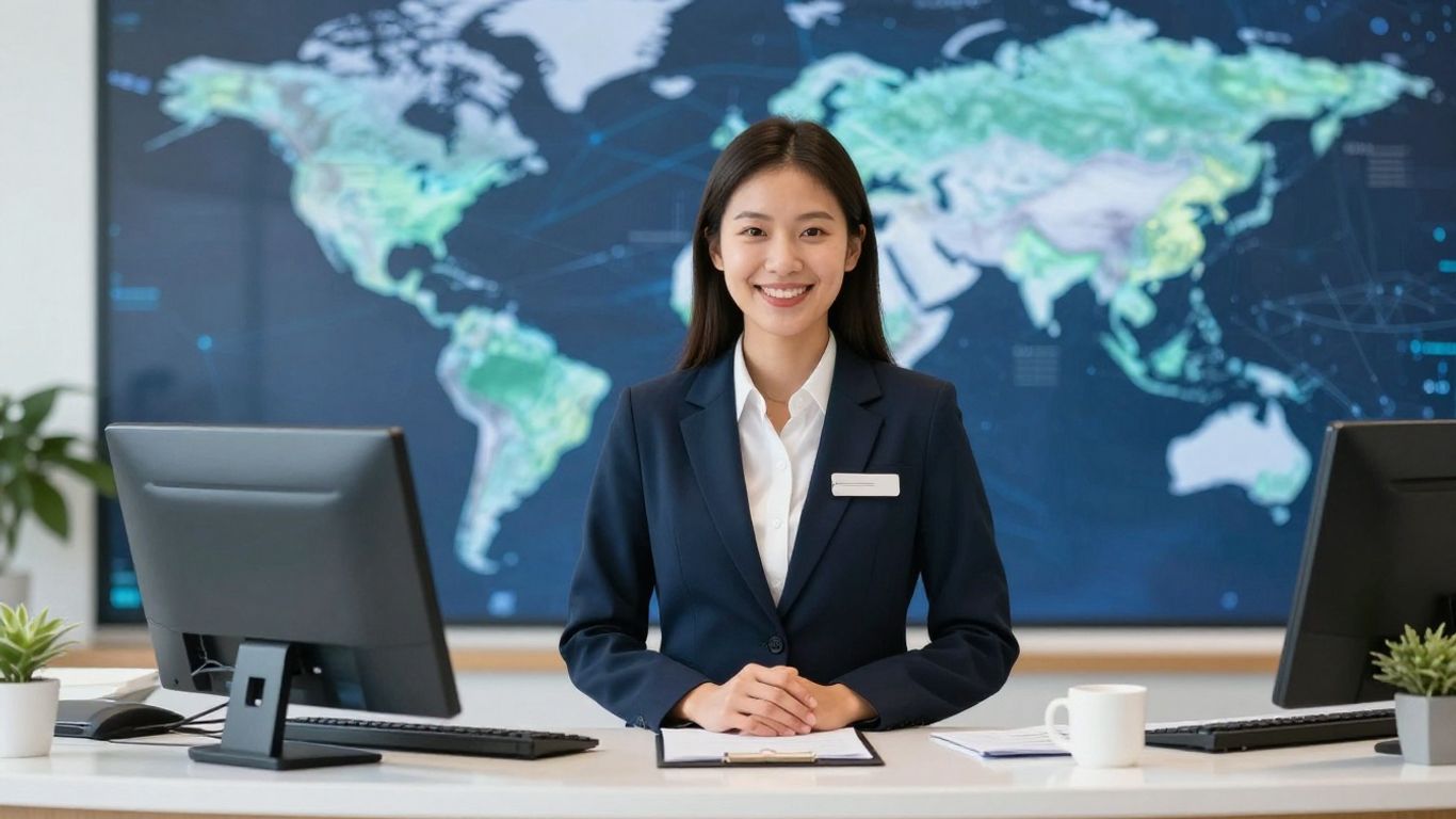 Bilingual receptionist smiling in a modern office.