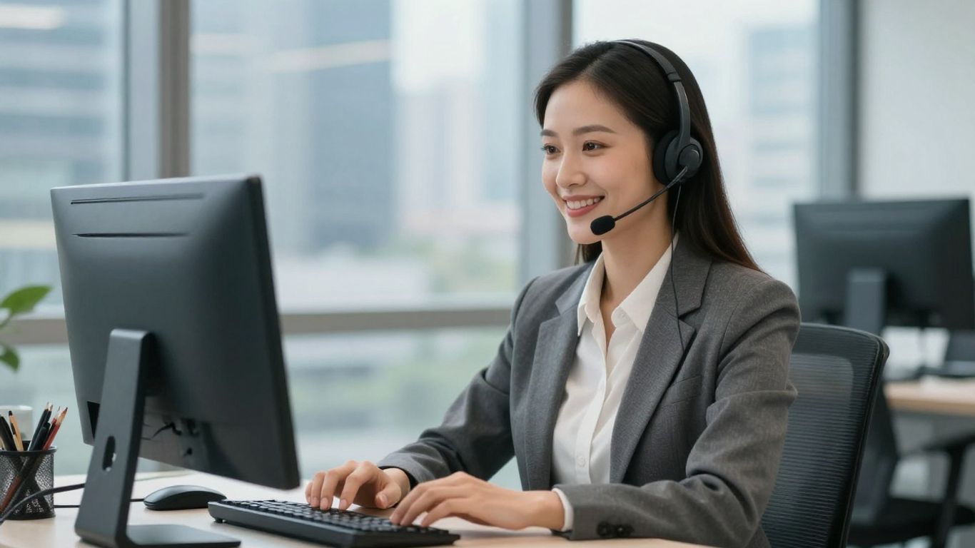 Nexa virtual receptionist assisting a client with a headset.