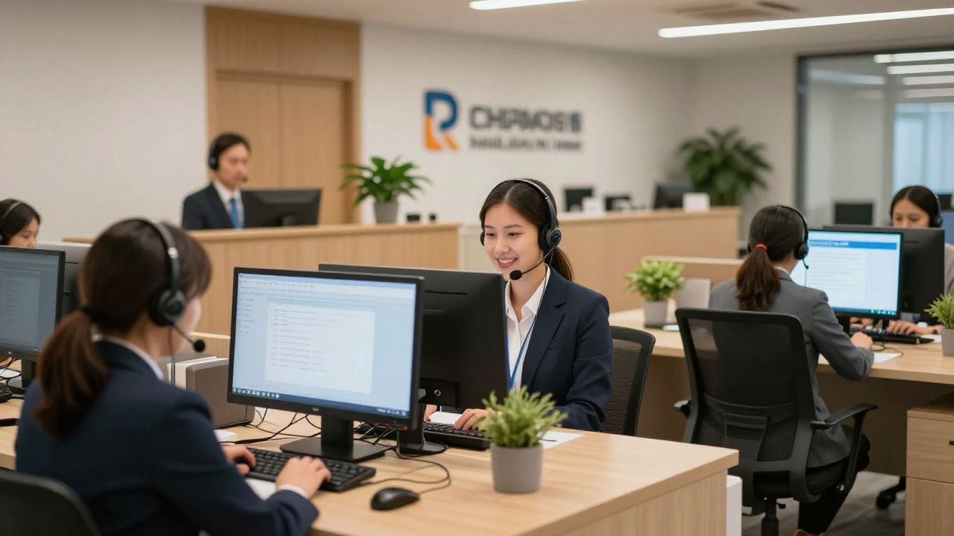Professional virtual receptionists working at modern office desks