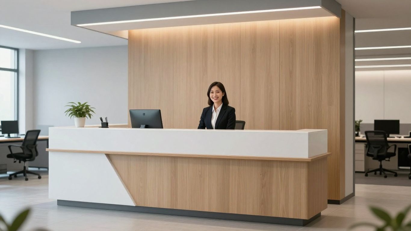 Professional receptionist at a modern office desk.