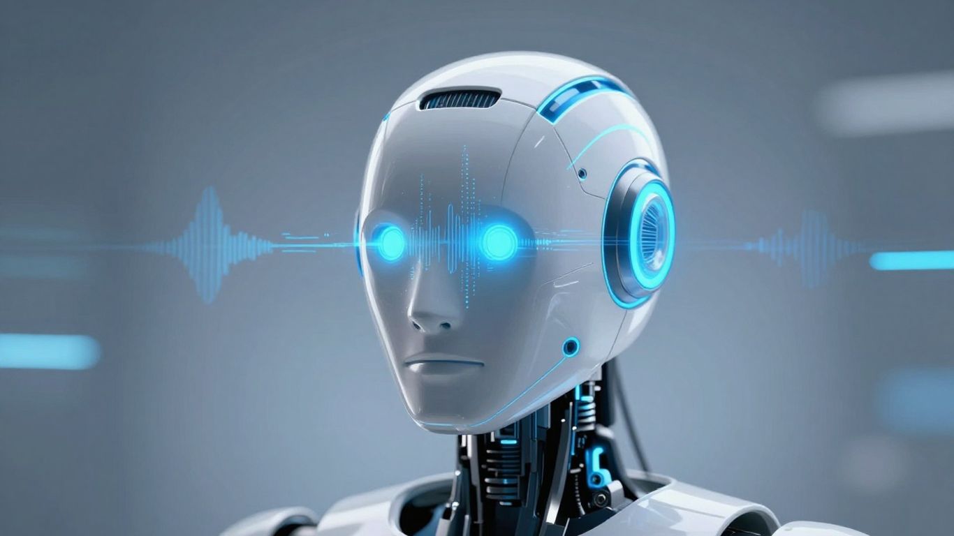 Robot head with glowing blue accents and soundwaves.