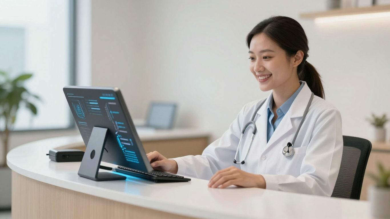 Doctor's office receptionist using AI for call handling.