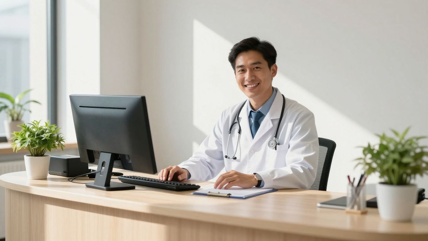 Doctor's office receptionist assisting a patient.