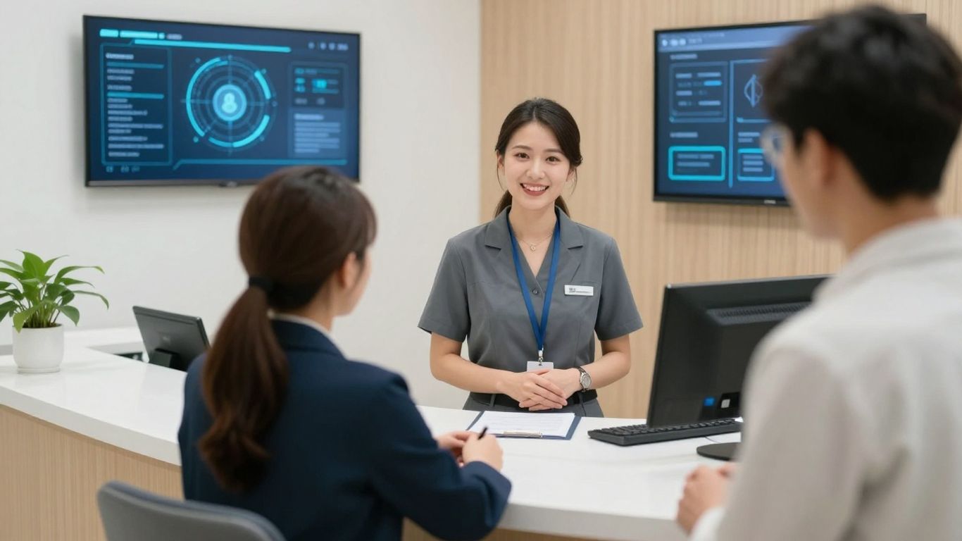 Doctor's office receptionist assisting a patient with technology.