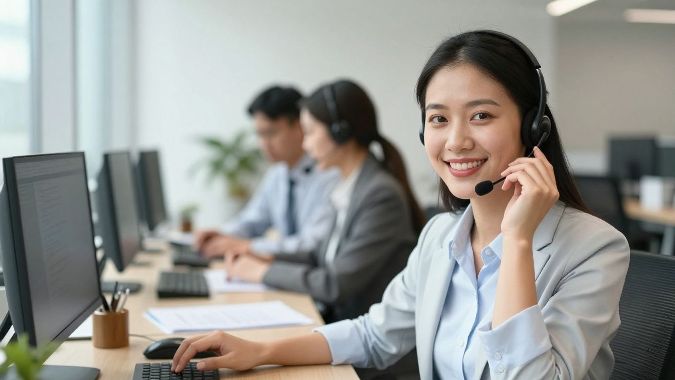 Business professional with headset, office background.