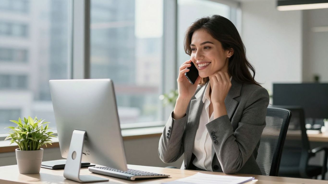 Professional woman answering phone in office.