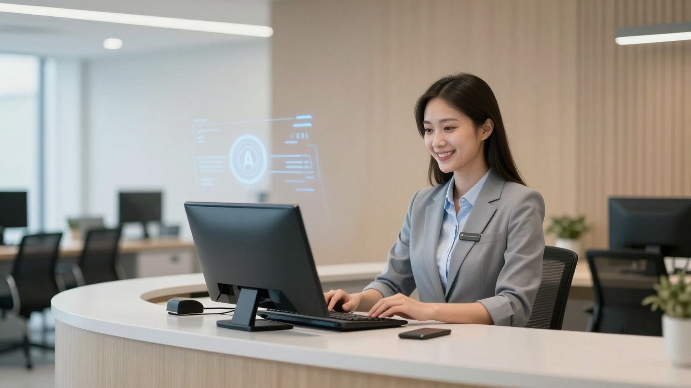 AI receptionist assisting a human receptionist in an office.