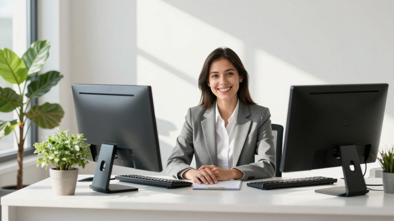 Leasing office receptionist at a modern desk.