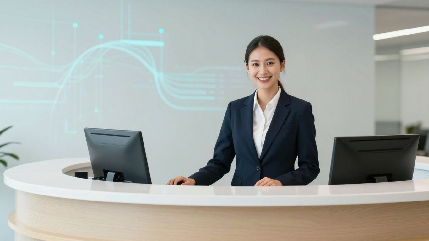 AnswerConnect AI virtual receptionist in a modern office setting.
