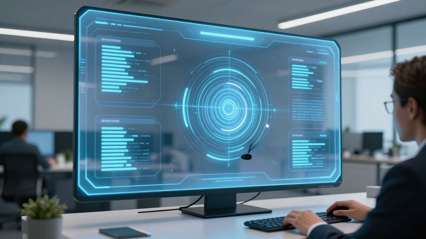 AI virtual receptionist interface on a holographic screen.