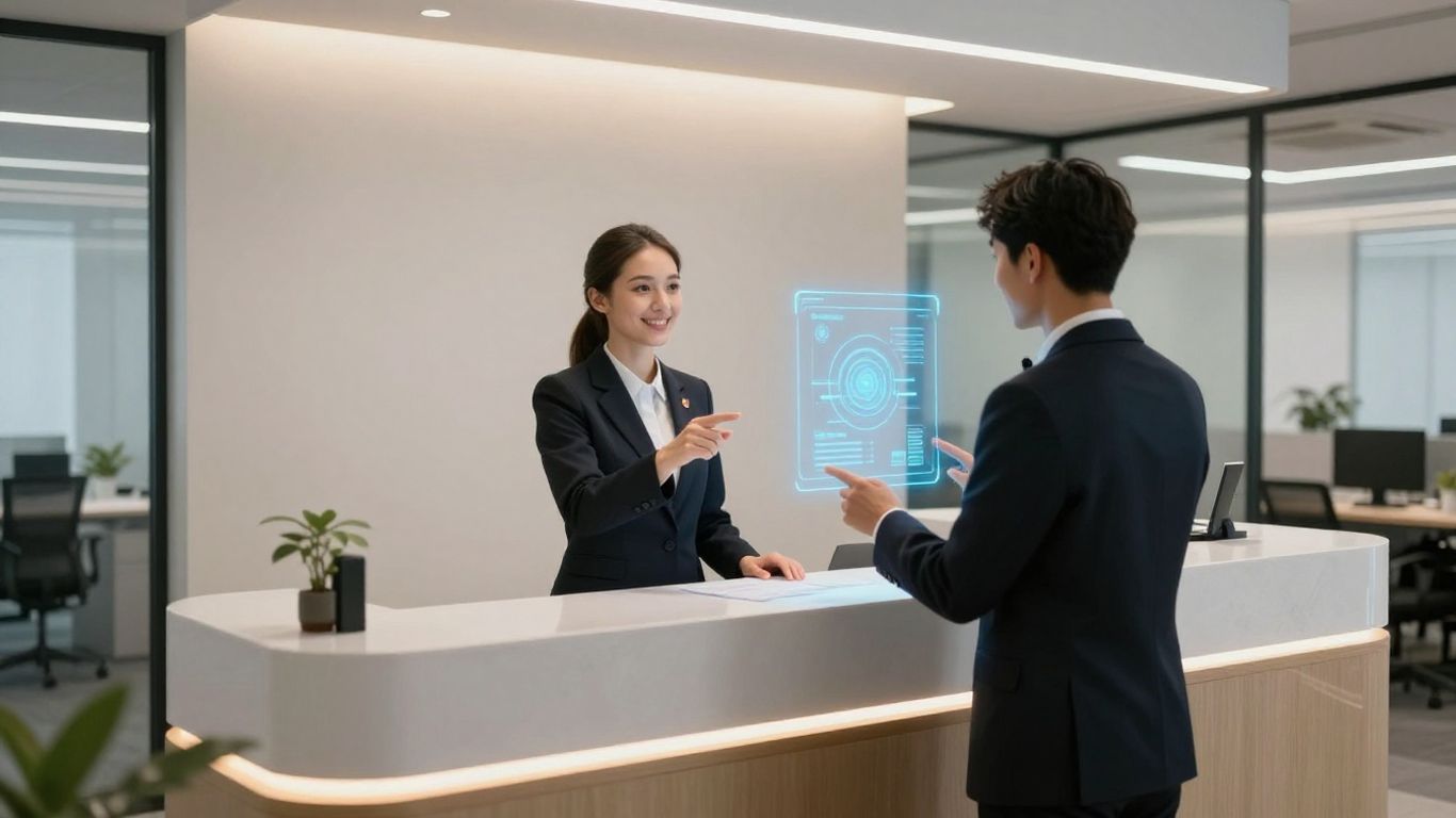 AI receptionist interface in a modern office setting.