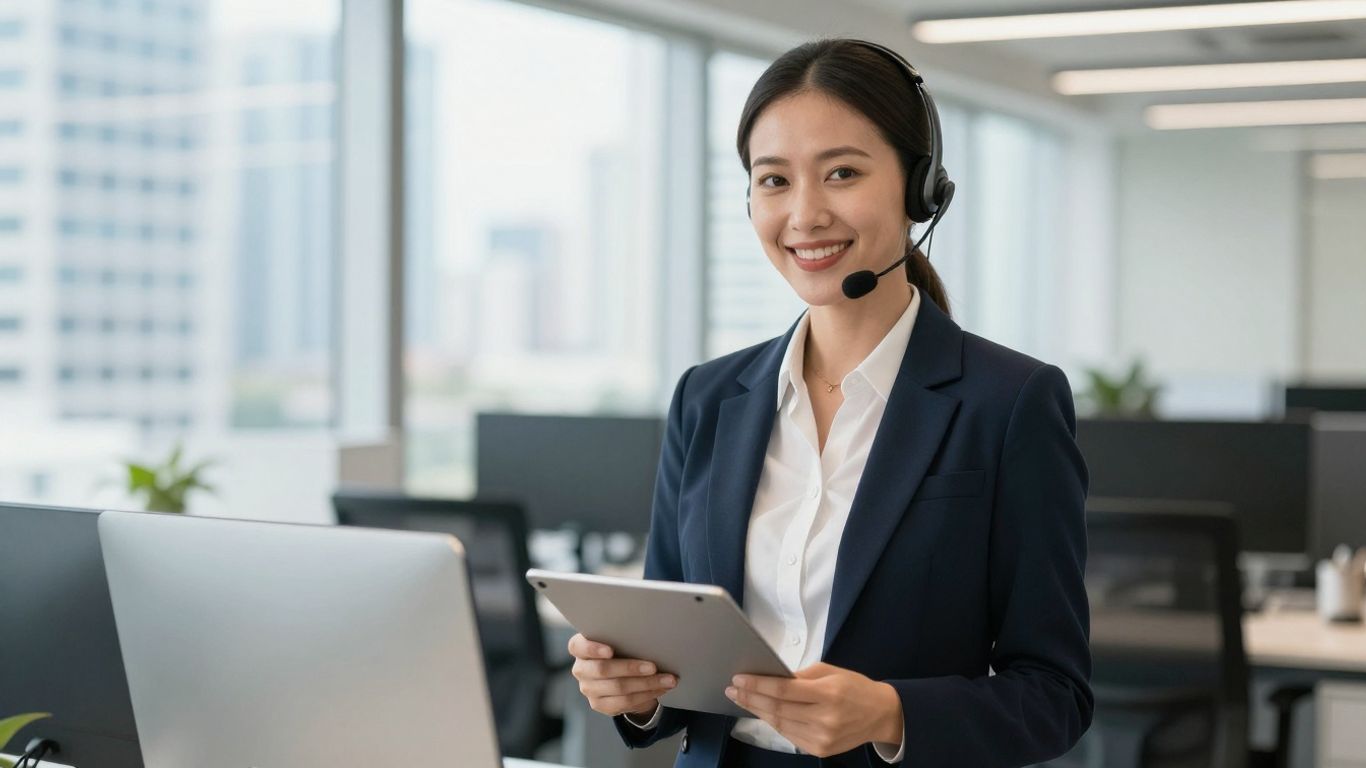 Professional woman with headset in Miami office.