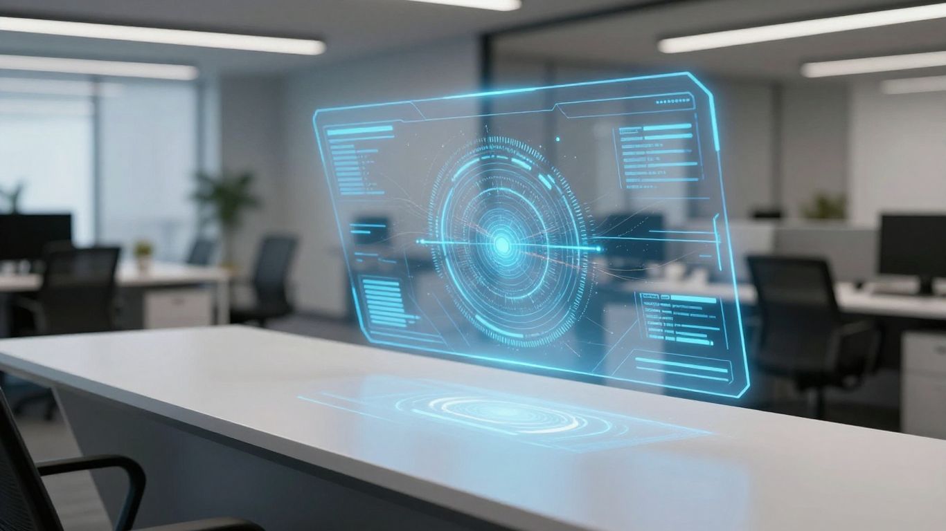 AI virtual receptionist interface in a modern office setting.