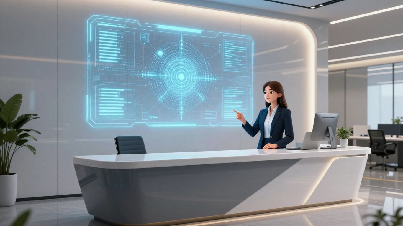 AI virtual receptionist interface in a modern office.