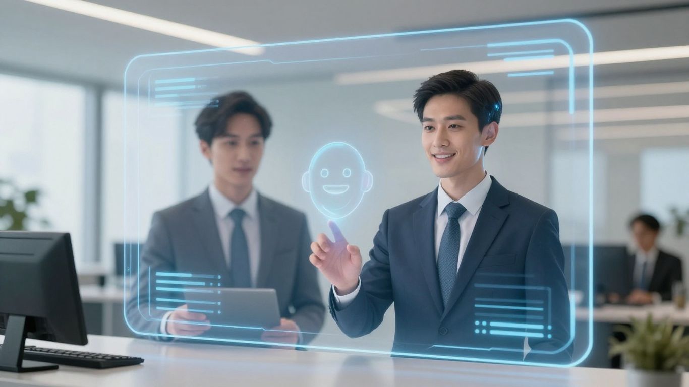 AI virtual receptionist interface with holographic avatar.