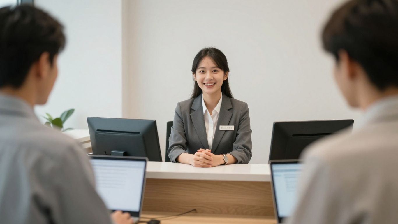 Property management receptionist assisting a client.