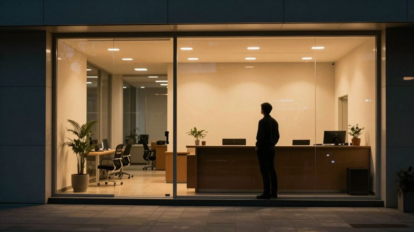 Property management office building at dusk with interior lights on.