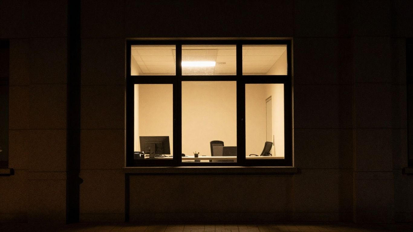 Property management office building at night with one lit window.