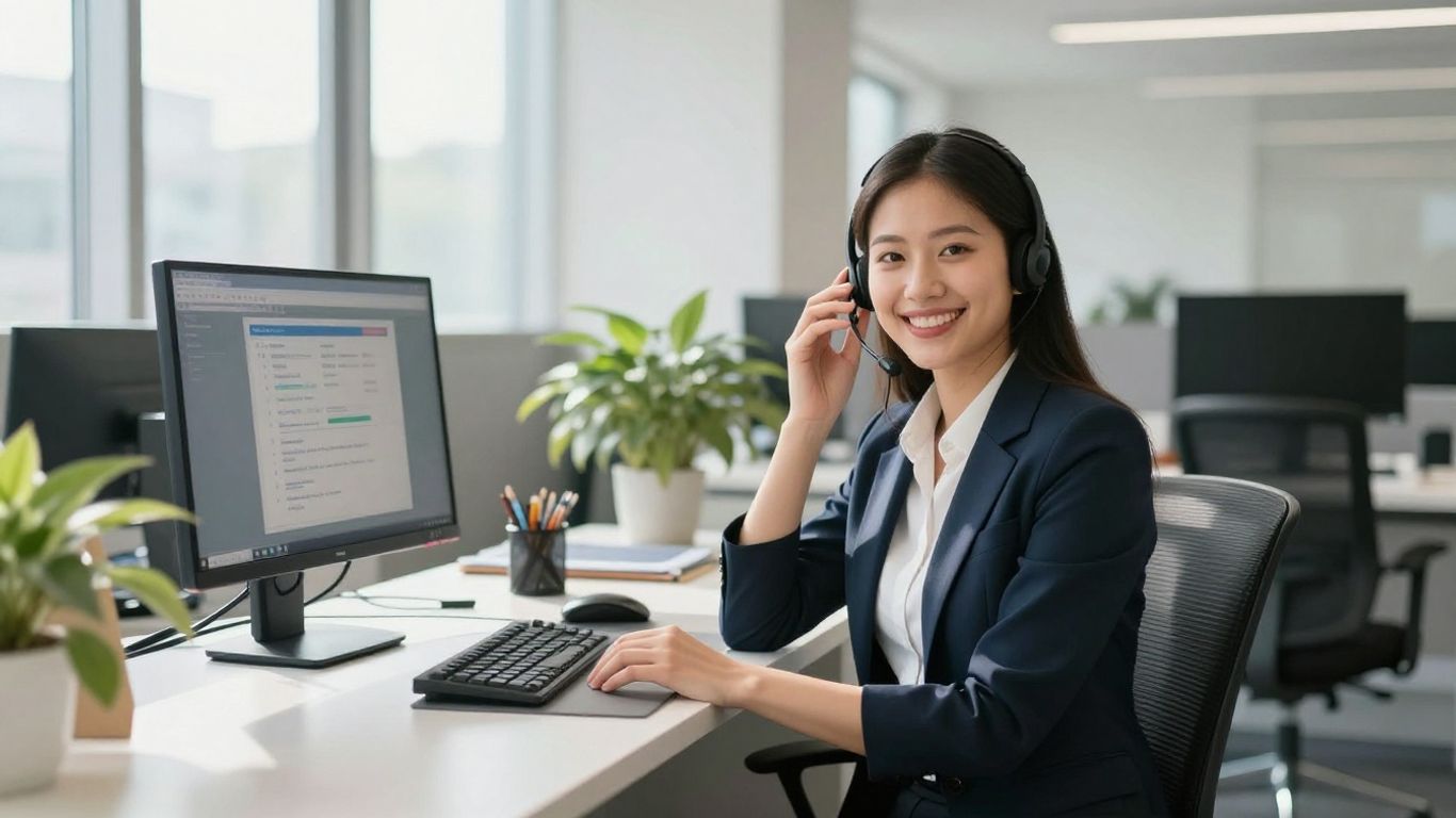 Property management answering service receptionist with headset.