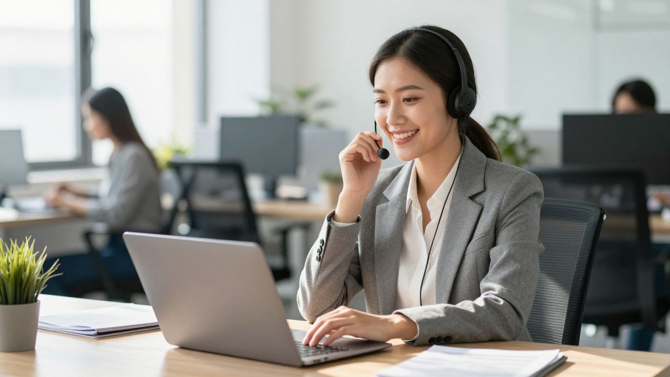 Property manager answering calls with a headset.