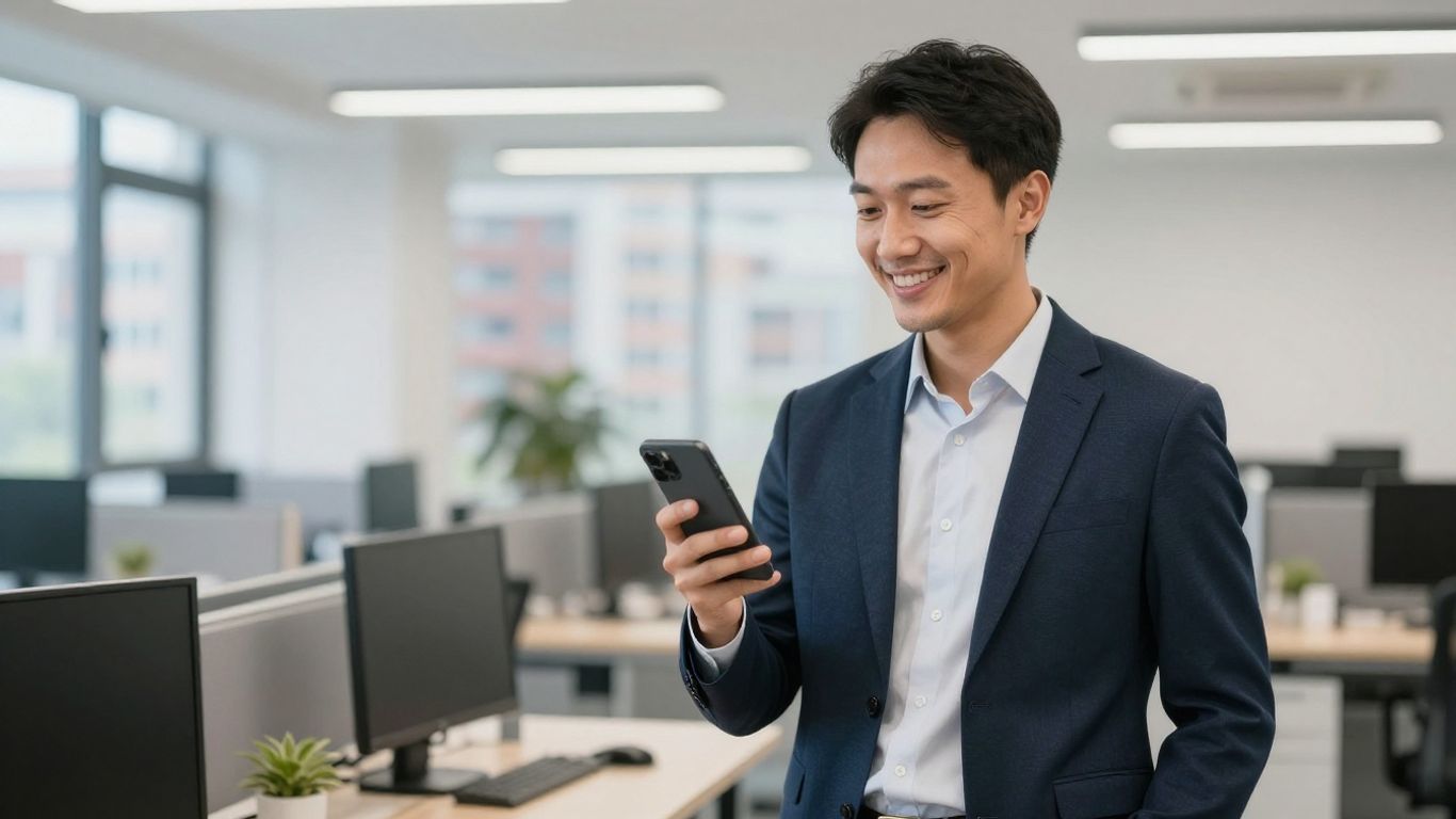 Property manager using a phone in a modern office.