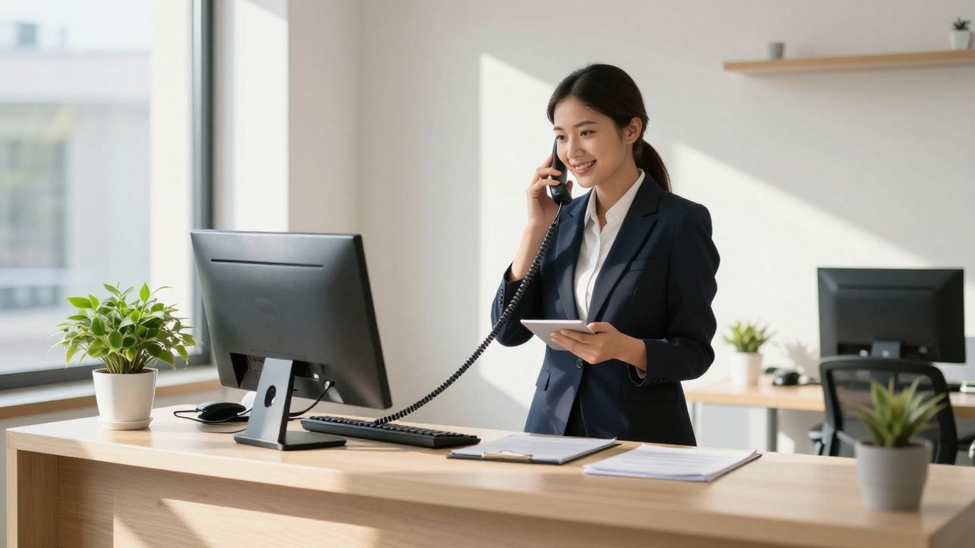 Professional receptionist handling calls for property management.