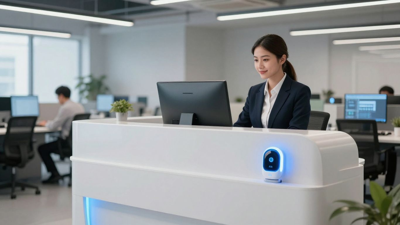 AI assistant device and receptionist at modern office desk