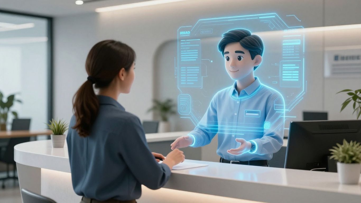 AI receptionist assisting a visitor in a modern office.