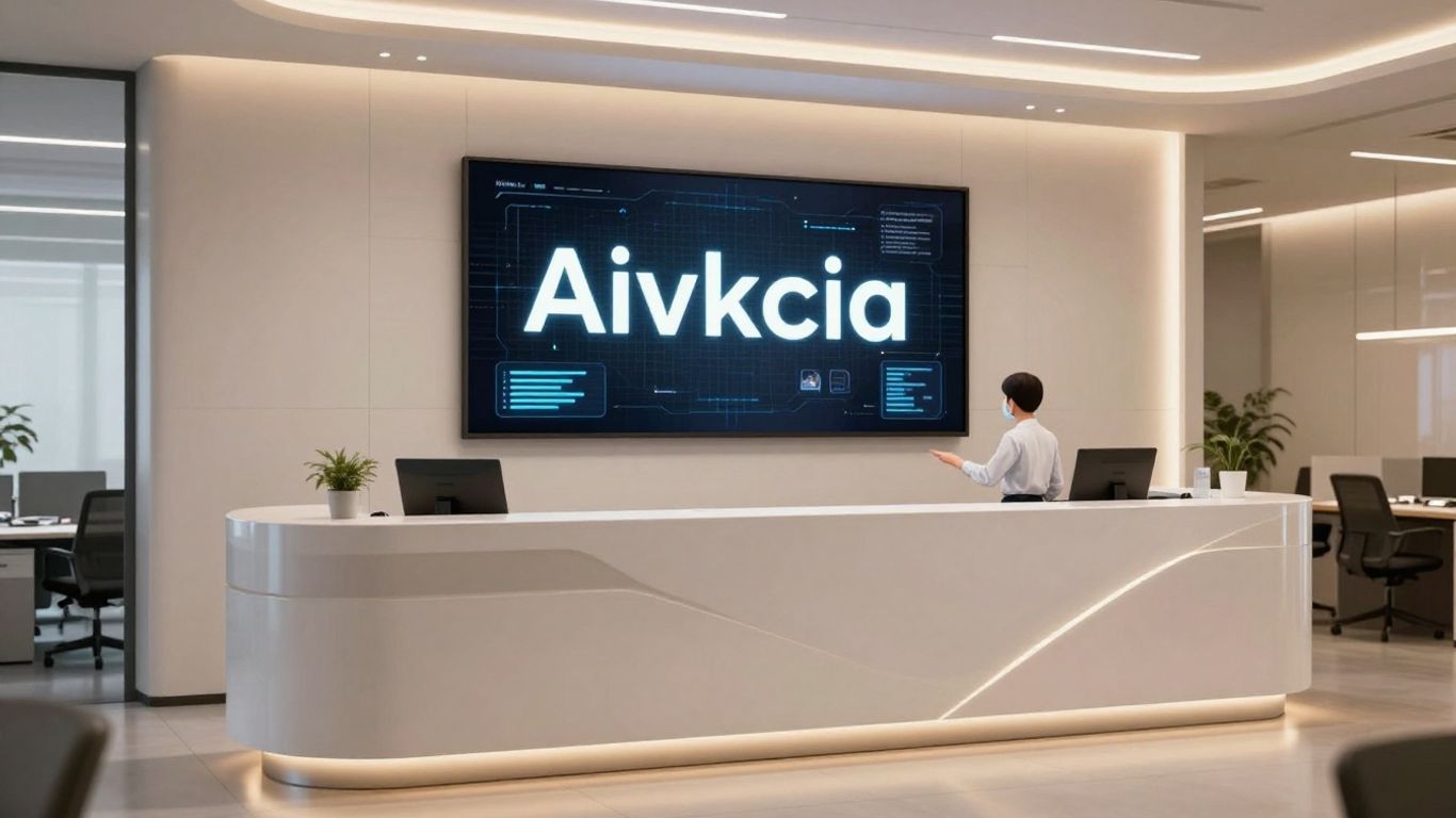 AI receptionist avatar on a digital display in an office.