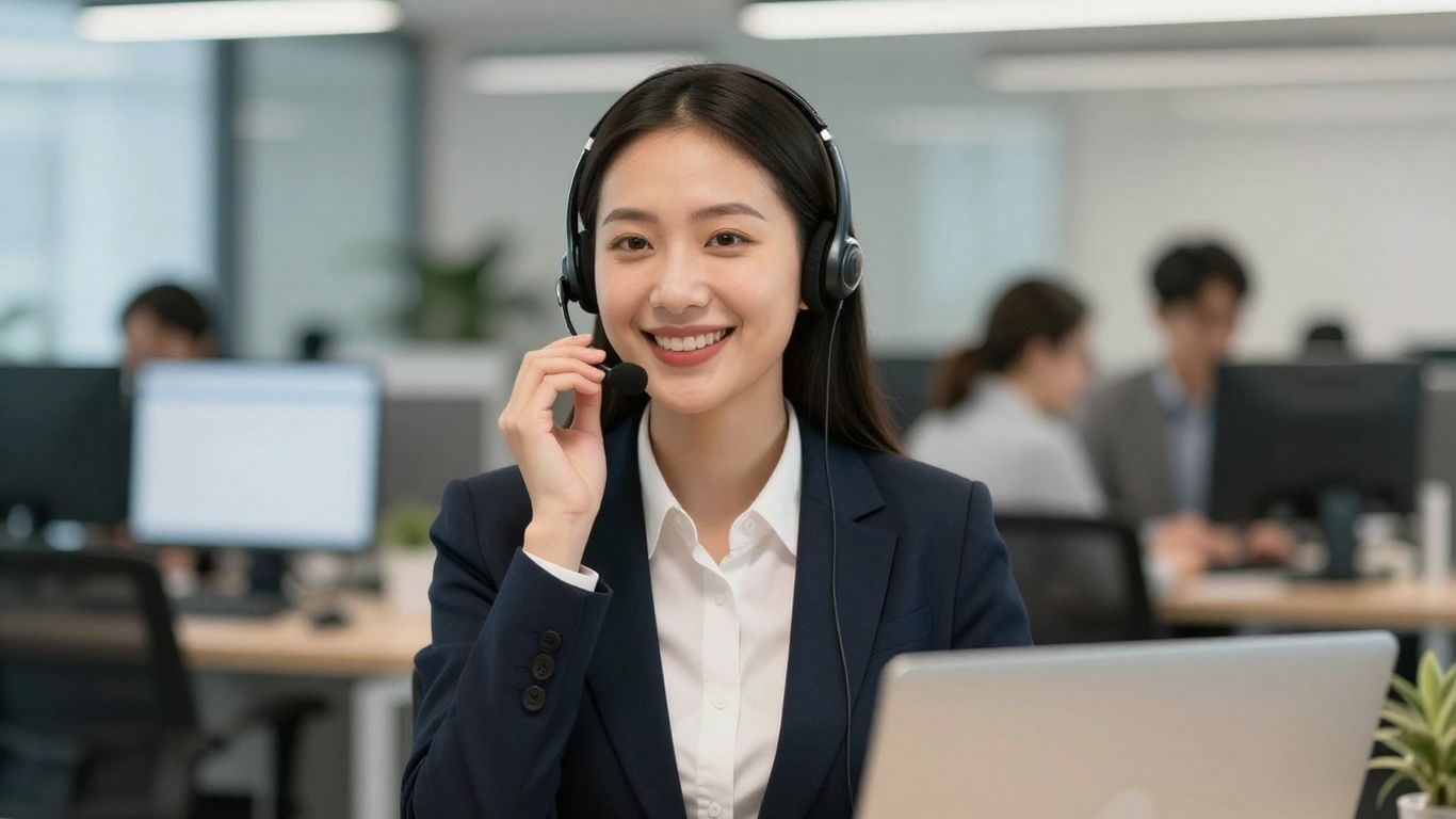 Professional woman with headset, virtual receptionist service