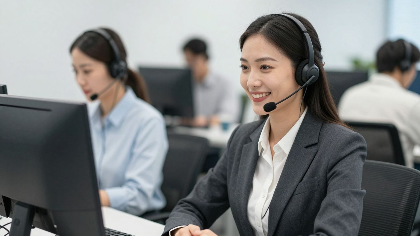 Professional woman with headset answering business calls.