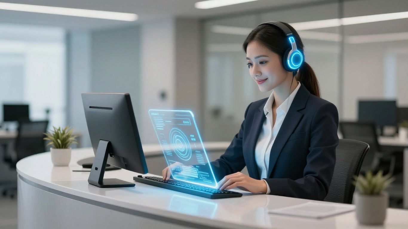 AI receptionist avatar at a modern desk.