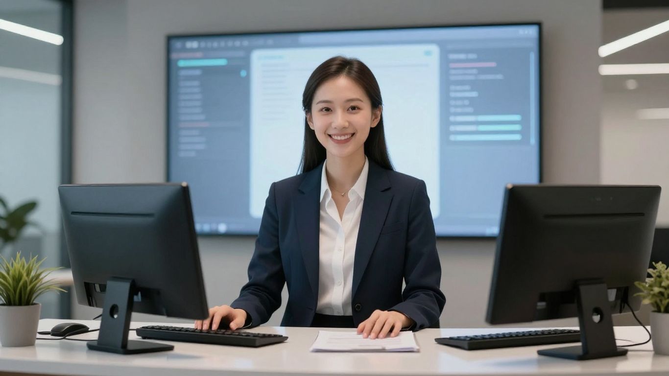 AI receptionist assisting a visitor at a modern office desk.