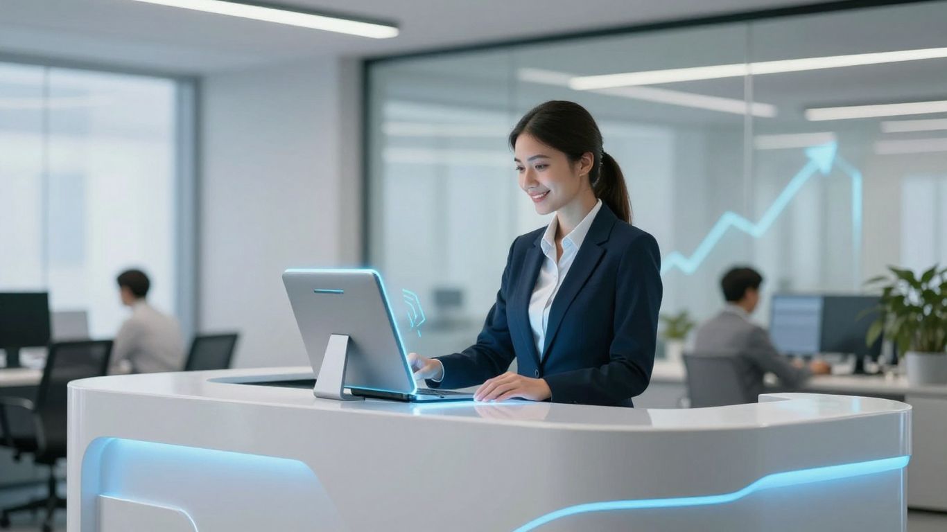 AI receptionist interface in a modern office setting.