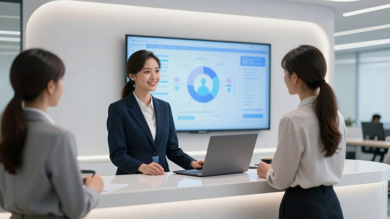 AI receptionist avatar assisting a visitor in a modern office.