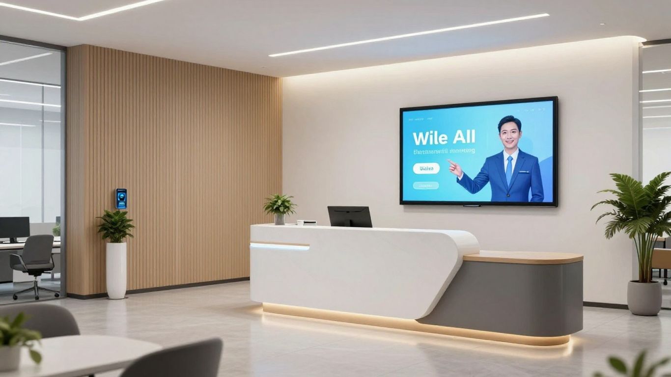 Futuristic office lobby with AI receptionist screen