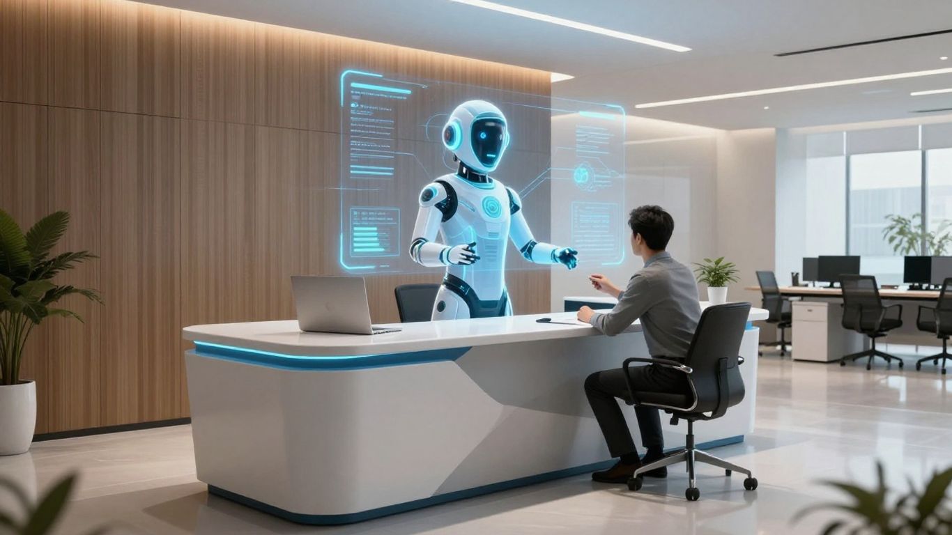 AI receptionist assisting a visitor in a modern office.
