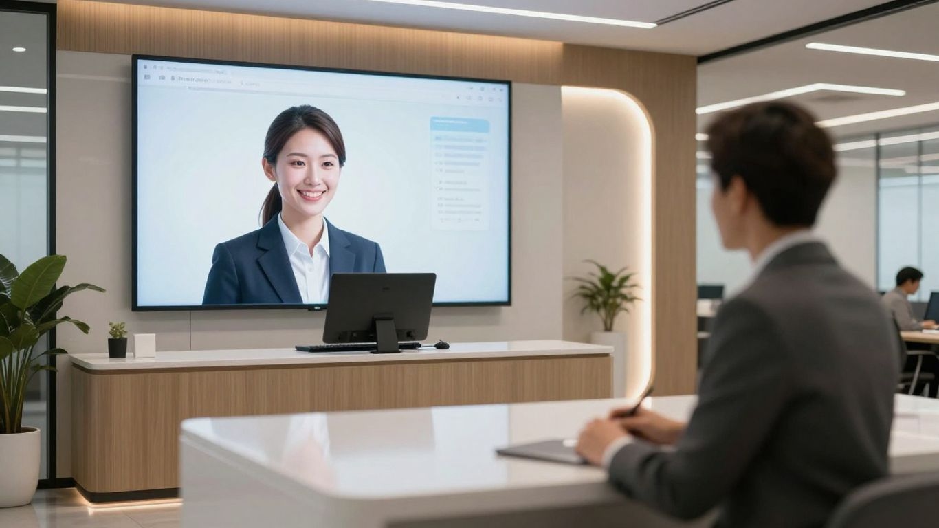 AI receptionist assisting a business person in an office.