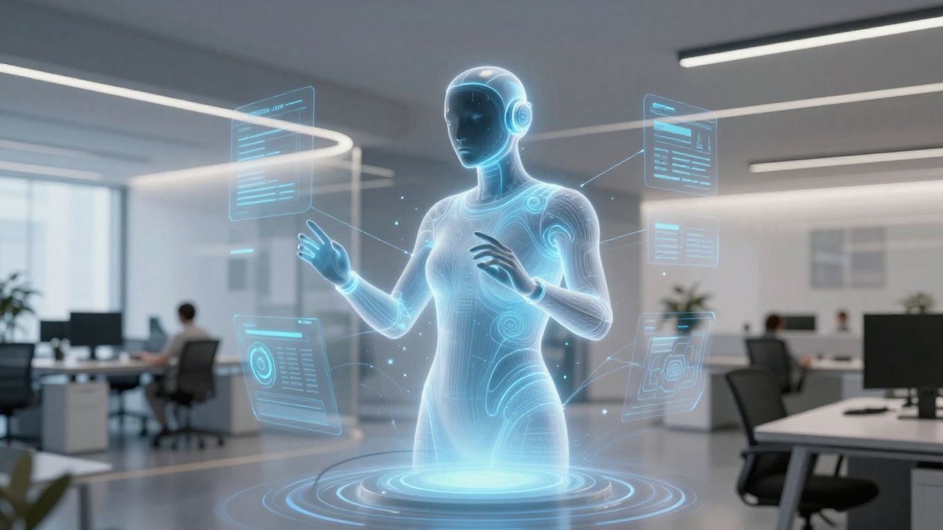 AI virtual receptionist interface in a modern office.