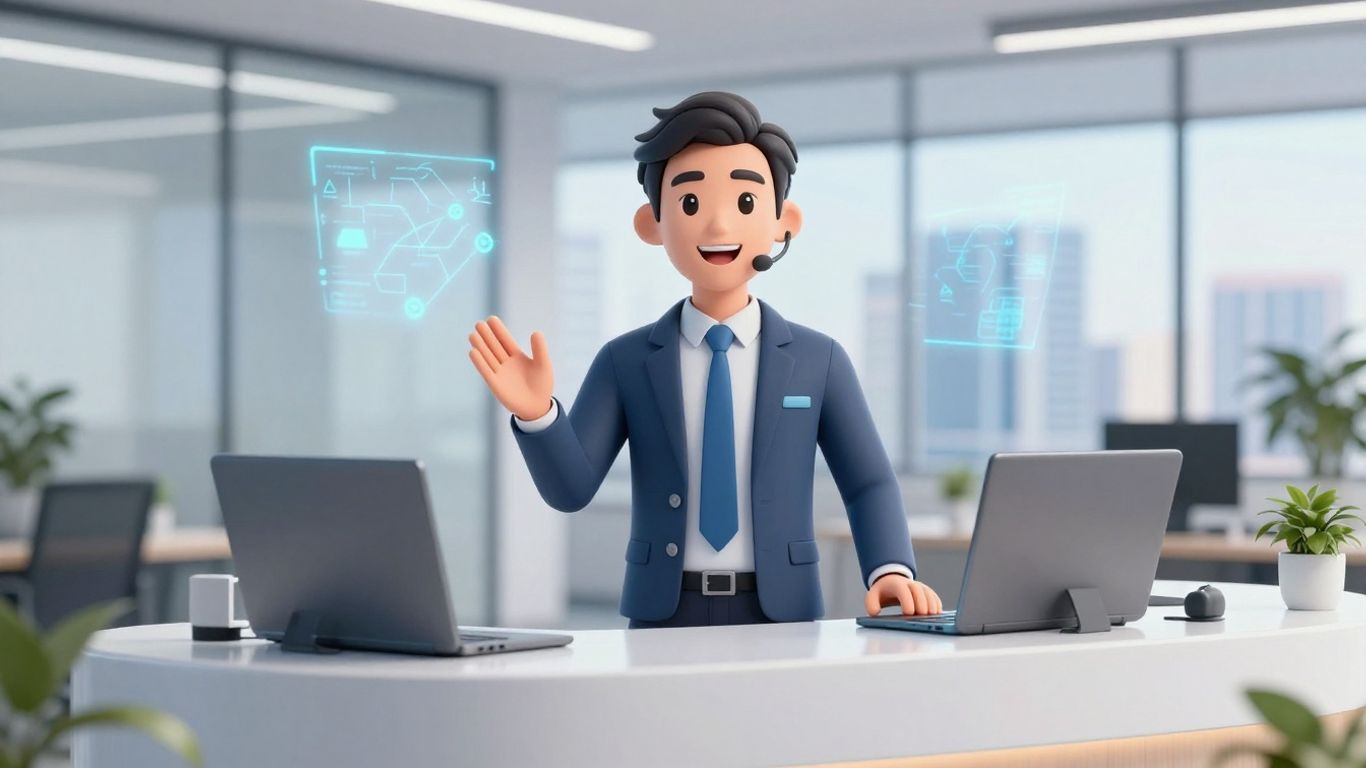 AI virtual receptionist avatar in a modern office.