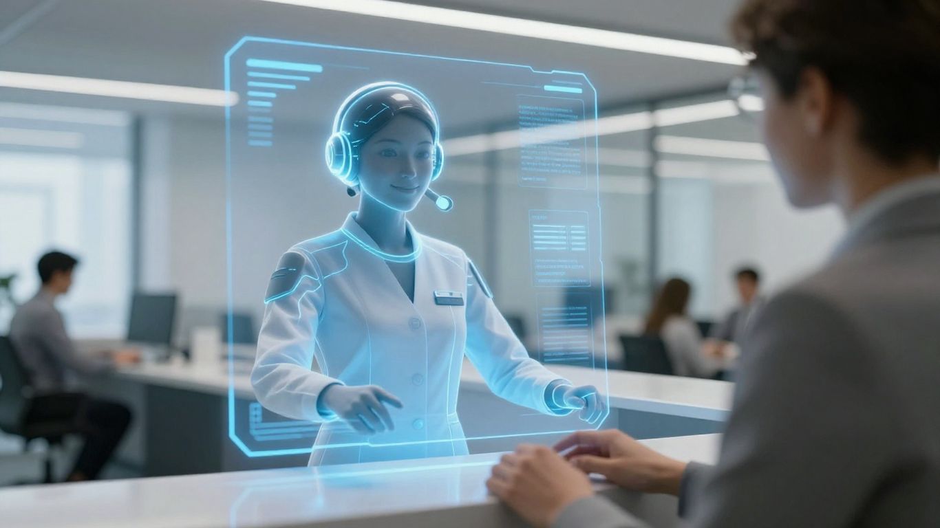 AI receptionist interface in a modern office setting.