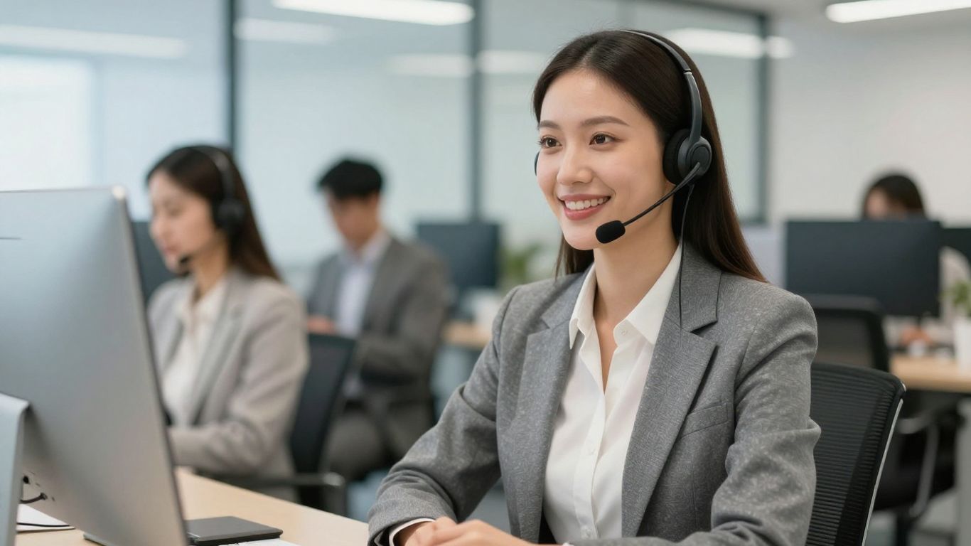 Businesswoman with headset answering phone calls.