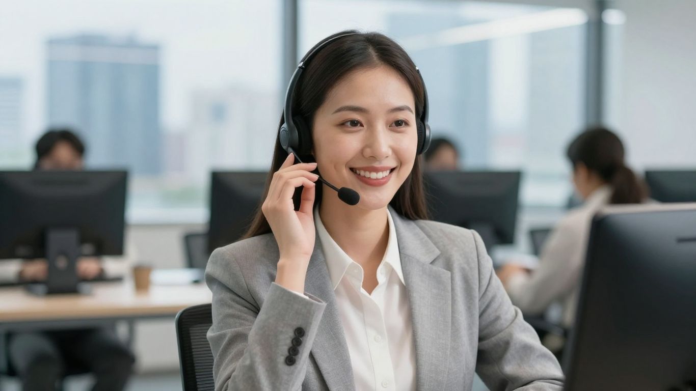 Professional woman with headset, modern office, cityscape background.