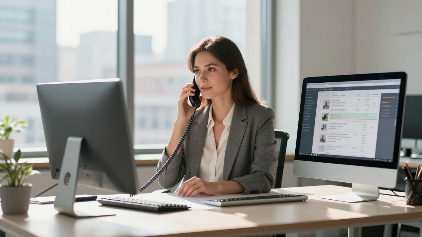 Property manager answering phone in modern office.