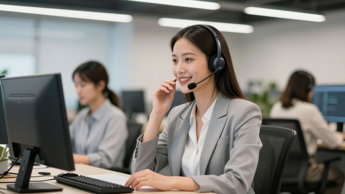 Call center agent with headset, property management.