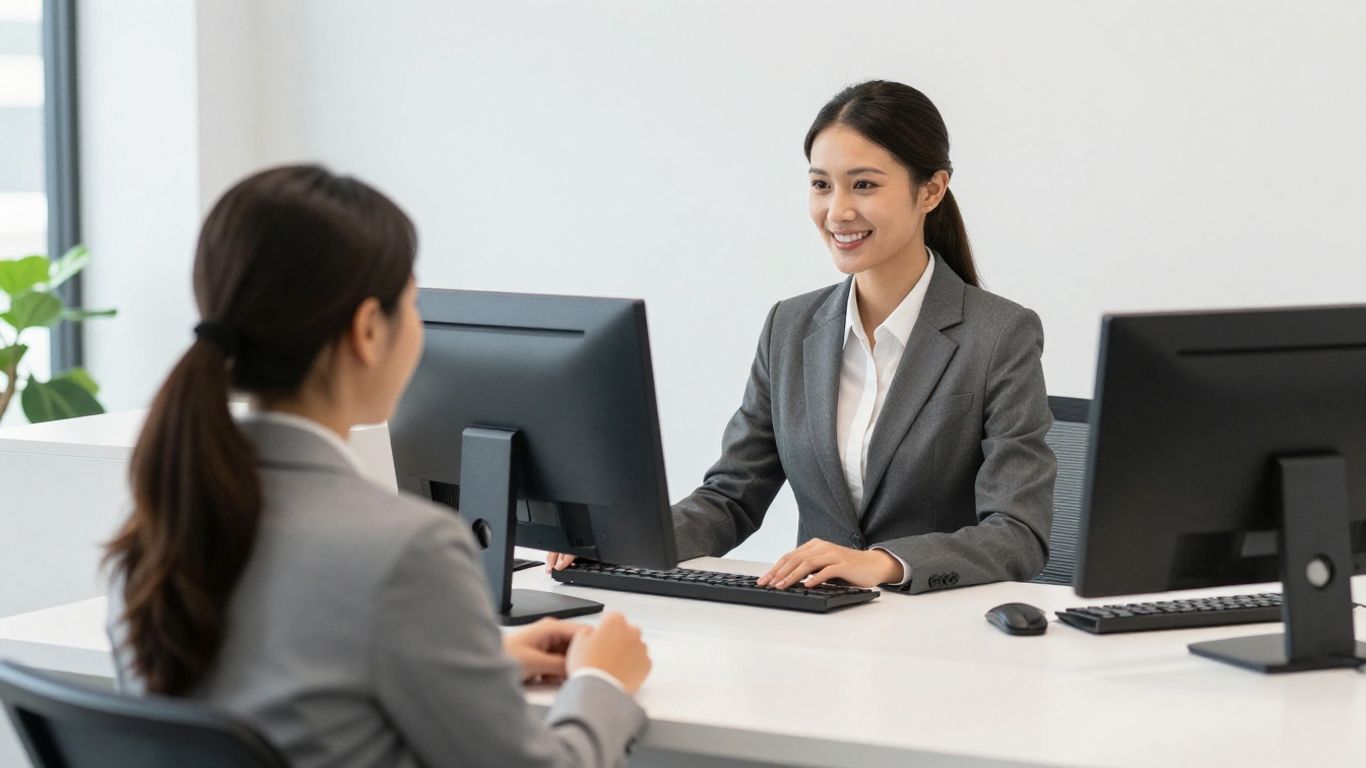AI receptionist greeting a visitor at a modern office desk.
